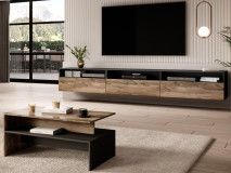 Meuble tv-hifi BABEL II 3 portes 3 niches noyer/chêne grisé avec table basse