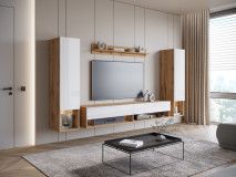 Mur tv-hifi AMADEUS 4 portes chêne wotan/blanc brillant avec led