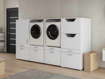 Meuble WASHING 2 machines avec armoire 1 porte 2 tiroirs et armoire linge MEDIUM blanc