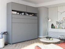 Lit mural escamotable CONCEPTION PRO 140x200 cm gris mat (horizontal) avec surmeuble