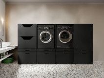 Meuble WASHING 2 machines avec armoire 1 porte 2 tiroirs et armoire linge MEDIUM noir
