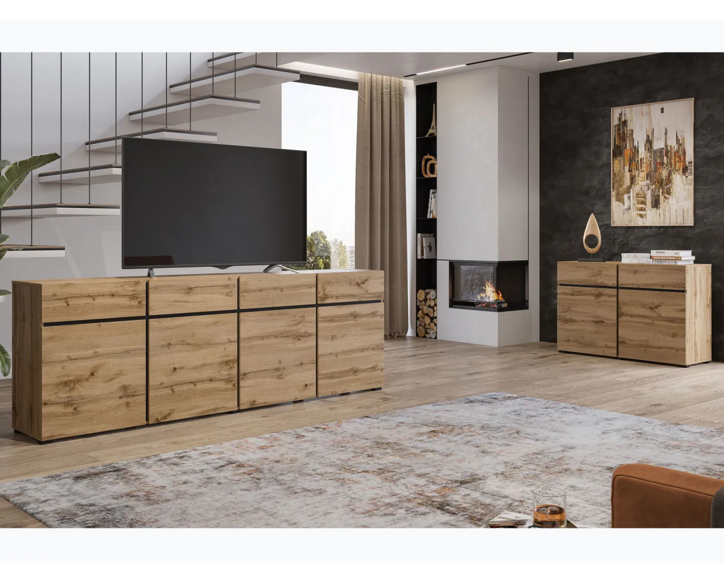 Bahut 4 portes Gisella Gris anthracite/pin