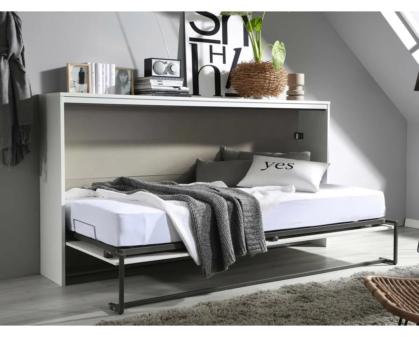 Lit escamotable vertical 90x200 Kibou-Avec matelas-Coffrage Chêne blanc