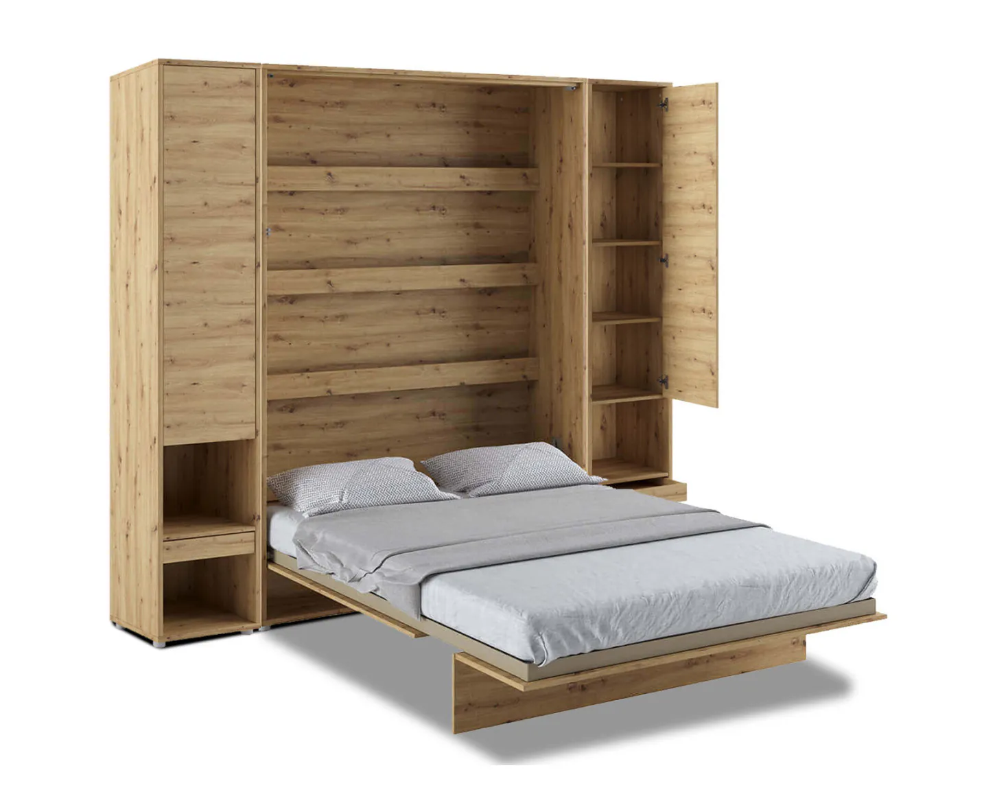 Lit Escamotable Double Avec Armoire Murale – Bois – Matelas 140x200 Cm Inclus – Occasion