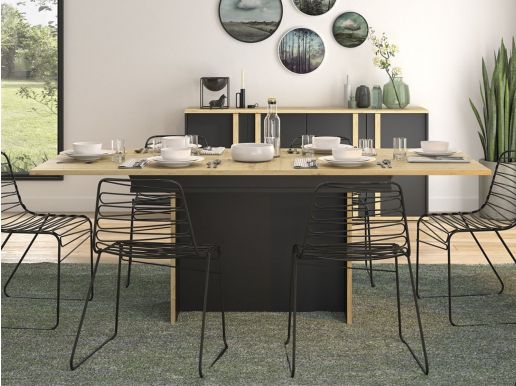 Table repas extensible RAFFA 160 > 205 cm chêne artisan/noir