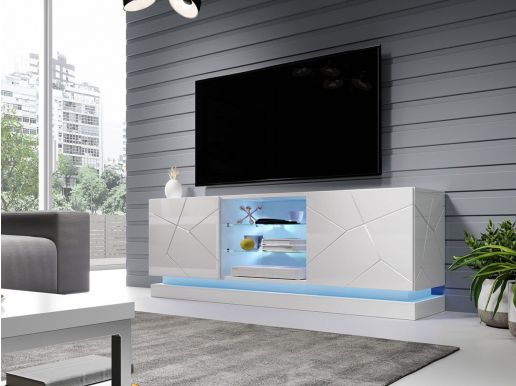 Meuble tv-hifi AGNOS 2 portes 160 cm blanc/blanc brillant sans led