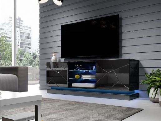 Meuble tv-hifi AGNOS 2 portes 160 cm noir/noir brillant avec led