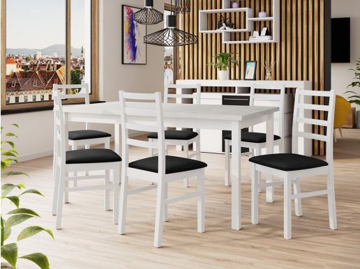 Table repas ALMATA 160 >  200 cm blanc avec 6 chaises coussins noir