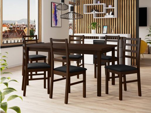 Table repas ALMATA 160 > 200 cm marron avec 6 chaises coussins noir