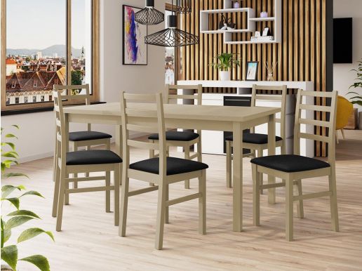 Table repas ALMATA 160 > 200 cm sonoma avec 6 chaises coussins noir