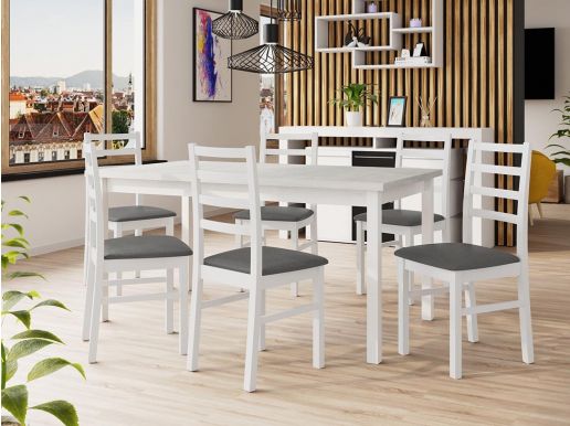 Table repas ALMATA 160 > 200 cm blanc avec 6 chaises coussins gris