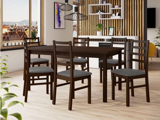 Table repas ALMATA 160 > 200 cm marron avec 6 chaises coussins gris