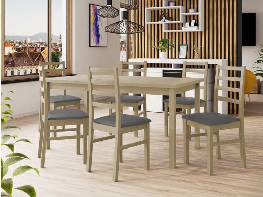 Table repas ALMATA 160 > 200 cm sonoma avec 6 chaises coussins gris