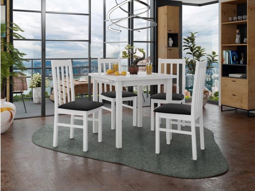 Table repas AMENO 80 > 110 cm blanc avec 4 chaises coussins noir
