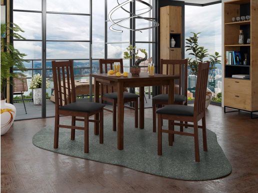 Table repas AMENO 80 > 110 cm brun avec 4 chaises coussins noir