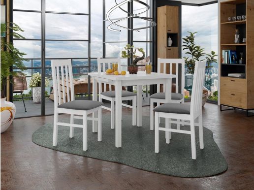 Table repas AMENO 80 > 110 cm blanc avec 4 chaises coussins gris