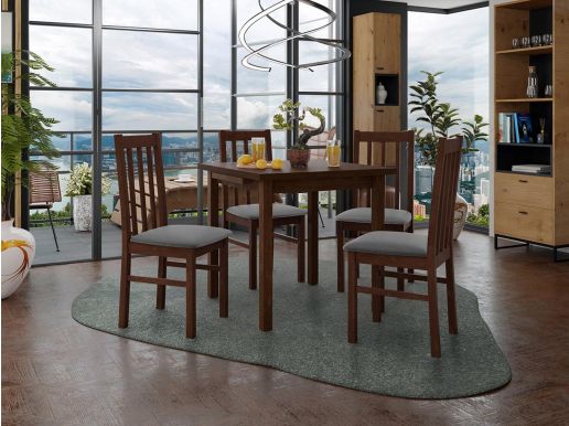 Table repas AMENO 80 > 110 cm brun avec 4 chaises coussins gris