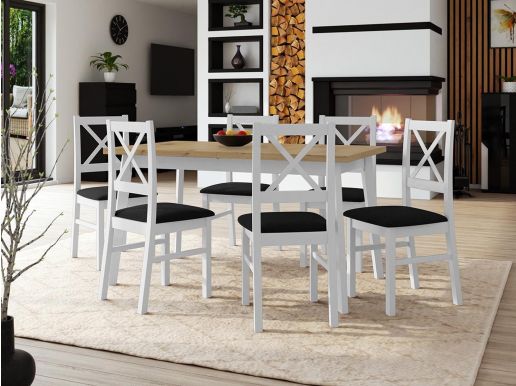 Table repas ALONSO 140 > 180 cm blanc avec 6 chaises coussins noir