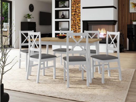 Table repas ALONSO 140 > 180 cm blanc avec 6 chaises coussins gris