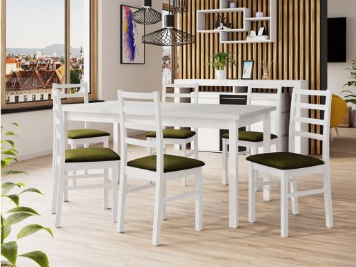 Table repas ALMANAC 160 > 200 cm blanc avec 6 chaises coussins vert