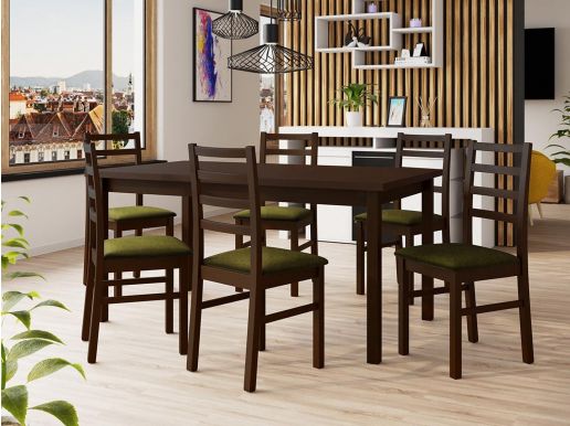 Table repas ALMANAC 160 > 200 cm marron avec 6 chaises coussins vert