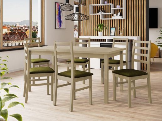 Table repas ALMANAC 160 > 200 cm sonoma avec 6 chaises coussins vert