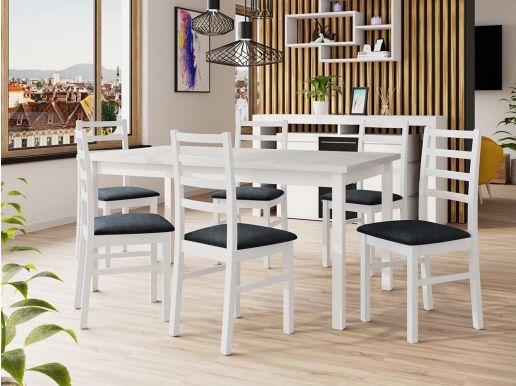 Table repas ALMANAC 160 > 200 cm blanc avec 6 chaises coussins gris