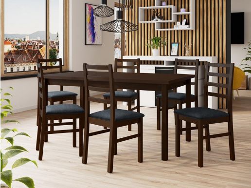 Table repas ALMANAC 160 > 200 cm marron avec 6 chaises coussins gris