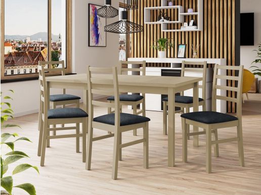 Table repas ALMANAC 160 > 200 cm sonoma avec 6 chaises coussins gris