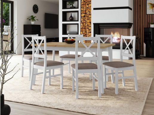 Table repas ALEZY 140 > 180 cm blanc avec 6 chaises coussins taupe