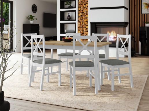 Table repas ALEZY 140 > 180 cm blanc avec 6 chaises coussins gris