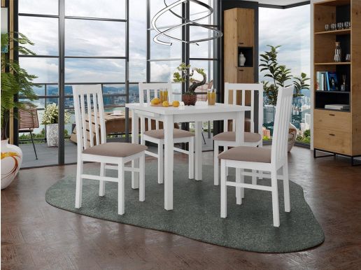 Table repas ALITORA 80 > 110 cm blanc avec 4 chaises coussins taupe