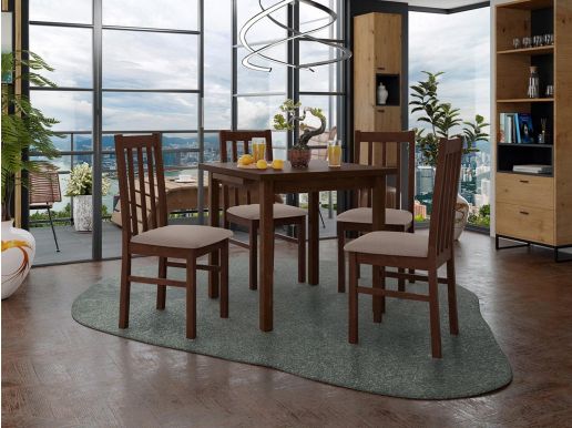 Table repas ALITORA 80 > 110 cm brun avec 4 chaises coussins taupe