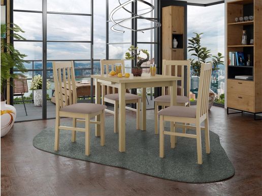 Table repas ALITORA 80 > 110 cm sonoma avec 4 chaises coussins taupe