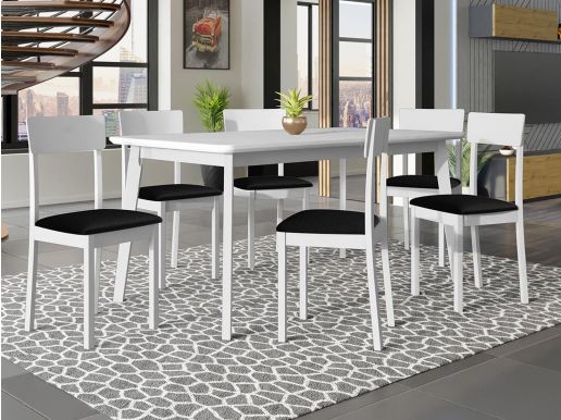 Table repas HENRY 160 > 200 cm blanc avec 6 chaises et coussins noir