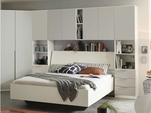 Pont de lit ELVIS 160 cm gris soie/blanc avec armoires à tiroirs