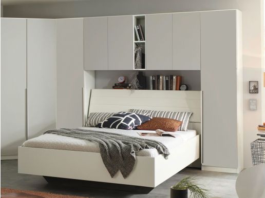 Pont de lit ELVIS 160 cm gris soie/blanc avec armoires à porte pleine