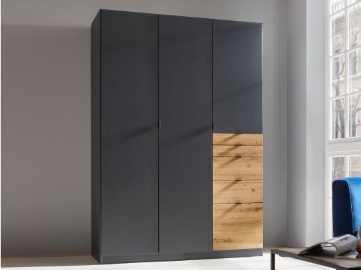 Armoire OTAMENDI 3 portes 5 tiroirs sans miroir gris métal/chêne artisan