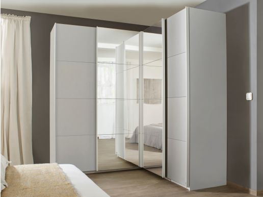 Armoire d'angle QUASI 4 portes gris soie avec miroir