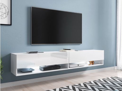 Meuble tv-hifi ACAPULCO 2 portes battantes 180 cm blanc/blanc brillant avec led