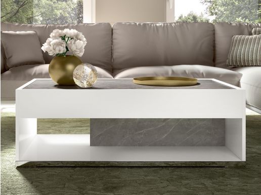 Table basse MIRAS 120 cm blanc brillant/marbre gris