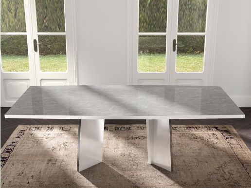 Table repas rectangulaire MIRAS 250 cm blanc brillant/marbre gris sans rallonges