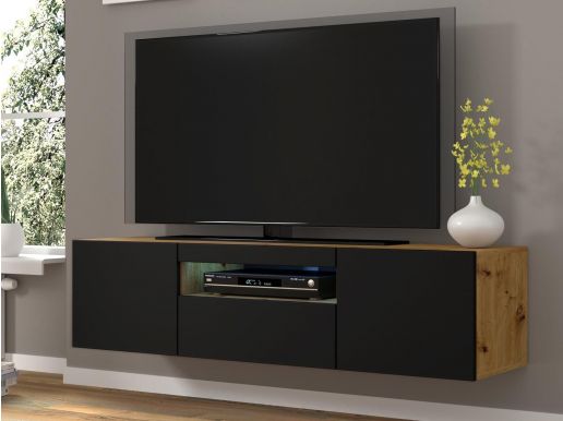 Meuble tv-hifi AUREO 3 portes 150 cm chêne artisan/noir avec led