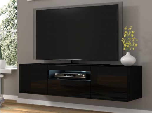 Meuble tv-hifi AUREO 3 portes 150 cm noir brillant/noir mat avec led