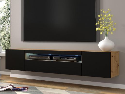 Meuble tv-hifi AUREO 3 portes 200 cm noir/chêne artisan avec led
