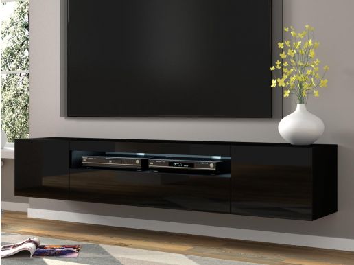 Meuble tv-hifi AUREO 3 portes 200 cm noir brillant/noir mat sans led