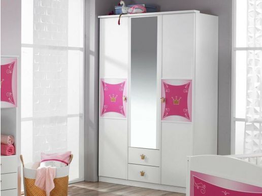 Armoire PIPA 3 portes et 2 tiroirs avec miroir blanc/rose