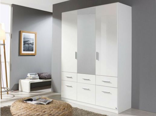 Armoire CELLON blanc 3 portes et 6 tiroirs avec miroir blanc brillant
