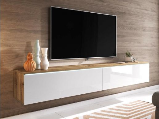 Meuble tv-hifi DUBAI 2 portes battantes 180 cm chêne wotan/blanc brillant sans led