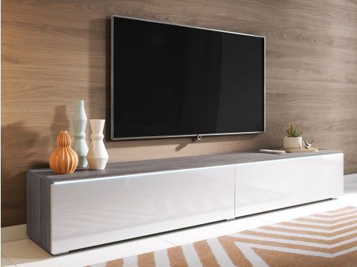 Meuble tv-hifi DUBAI 2 portes battantes 180 cm pin bodega/blanc brillant avec led